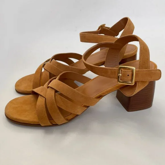 Rivecour Suede Sandals Brown Tan Leather $222 NEW Cross Stack Heel Block Ankle - Picture 7 of 12